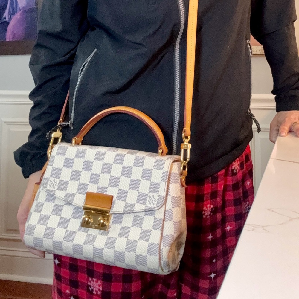 Top-Handle Checkerboard Satchel Bag in Beige and Tan - Picture 3 of 13